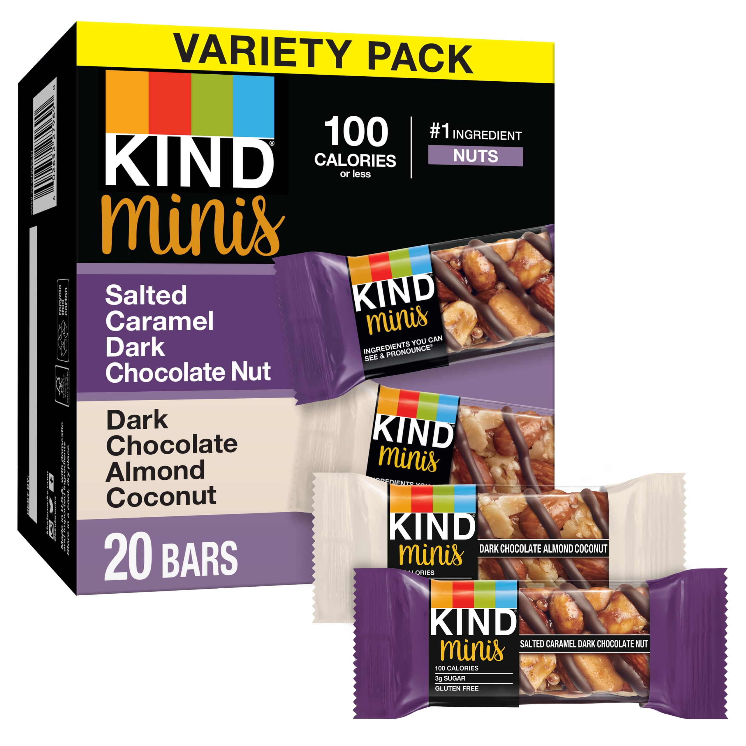 Kind Bar Minis, Salted Caramel Dark Chocolate Nut & Dark Chocolate Almond Coconut, Variety Pack, Gluten Free, 100 Calories, Low Sugar, 80 Count