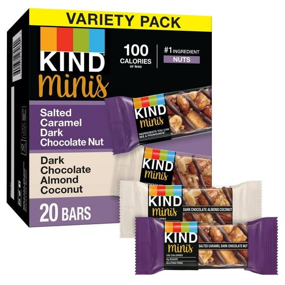 Kind Bar Minis, Salted Caramel Dark Chocolate Nut & Dark Chocolate Almond Coconut, Variety Pack, Gluten Free, 100 Calories, Low Sugar, 80 Count