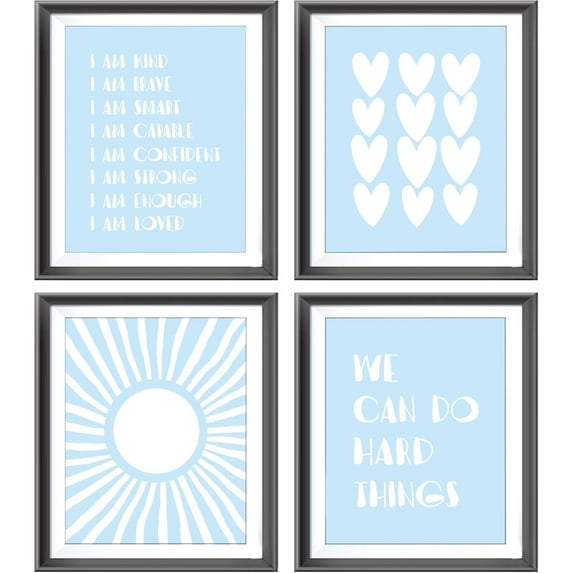 Kind Brave Smart Affirmations Yellow Sun Sunshine Hearts Poster Prints for Girls Kids Room Playroom Decor,Girl Nursery Decorations Prints Wall Art Unframed 4pcs,Girls Kids Gifts