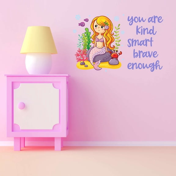 Kind Brave Smart Mermaid's Mermaid Teal Colorful Fish Salt Water Creatures Seahorse Queen Sweet Dreams Bedtime Unicorn Lovely Dear Dream Decorating Wall Decal Sticker - Size: 20 In X 12 In