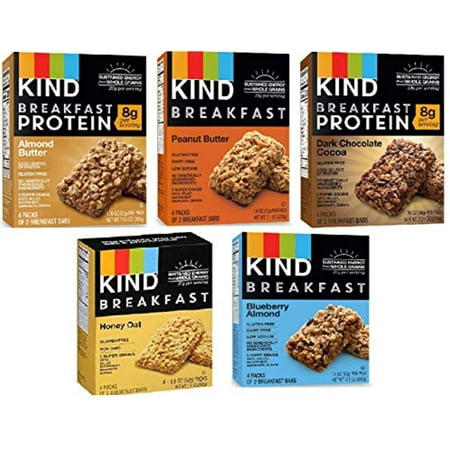 Kind Breakfast Bars New Variety 5 Pack. 1 Box Of Each: Dark Chocolate, Honey Oat, Peanut Butter, Almond Butter. Total Of 40 Bars