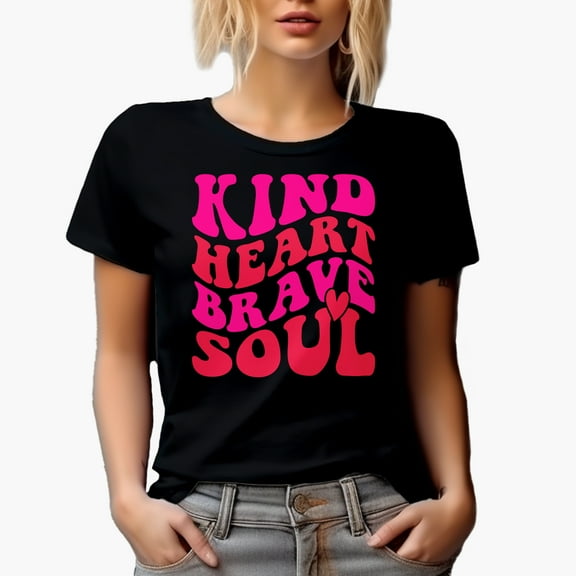 Kind Heart Brave Soul, Groovy Retro Wavy Text Merch Gift, Black T-Shirt, Small