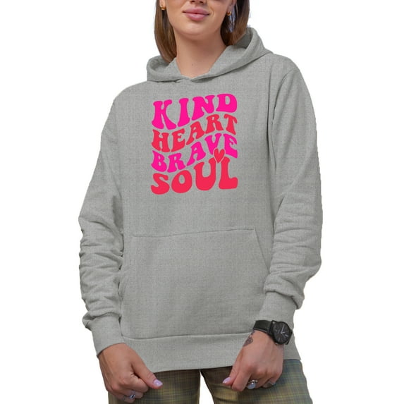 Kind Heart, Brave Soul Quote, Groovy Retro Wavy Text Merch Gift, Heather Grey Hooded Sweatshirt or Hoodie, XL
