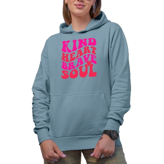 Kind Heart, Brave Soul Quote, Groovy Retro Wavy Text Merch Gift, Light Blue Hooded Sweatshirt or Hoodie, 2XL