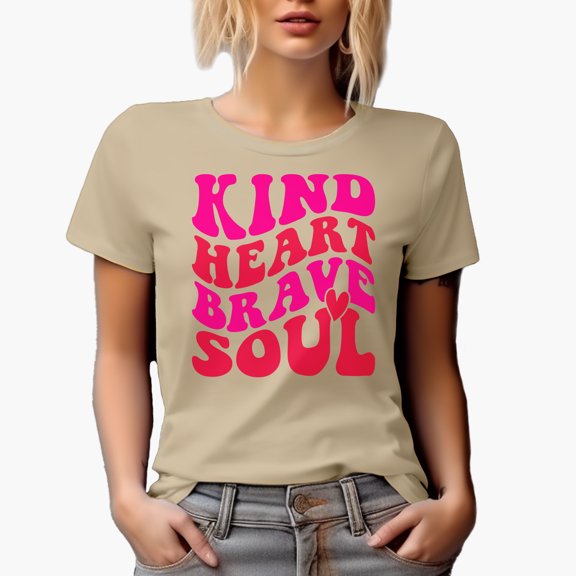 Kind Heart, Brave Soul Quote, Groovy Retro Wavy Text Merch Gift, Tan T-Shirt, Large