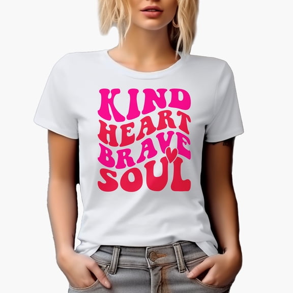 Kind Heart, Brave Soul Quote, Groovy Retro Wavy Text Merch Gift, White T-Shirt, Large
