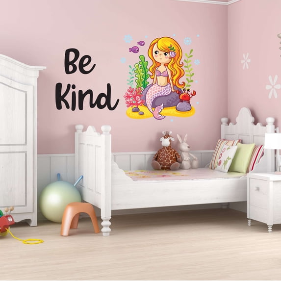 Be Kind Mermaid's Mermaid Colorful Fish Salt Water Creatures Seahorse Urchin Kelp Queen Sweet Dreams Bedtime Unicorn Lovely Dear Dream Decorating Wall Decal Sticker - Size: 30 In X 18 In