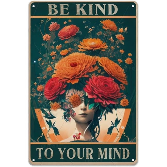 Be Kind to Your Mind Inspirational Garden Tin Signs Colorful Vintage Poster Style Metal Sign for Kitchen, Parlor, Garage Wall Uplifting Message 8x12 Inches