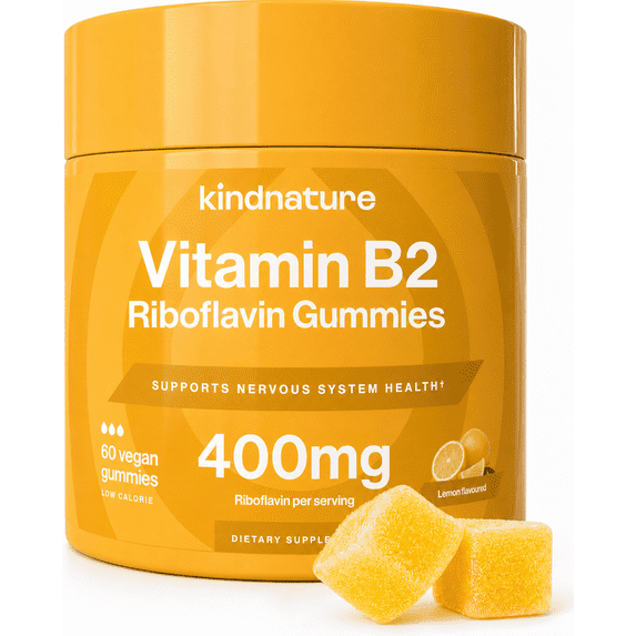 KINDNATURE Vitamin B2 Gummies – Riboflavin 400mg Supplement for Kids & Adults – Vegan, Non-GMO, Gluten & Soy-Free (30 Day Supply)