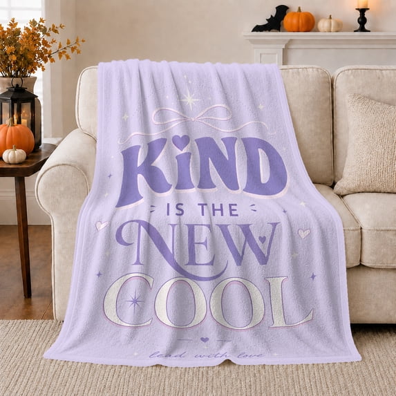 Kind Is New Cool Lavender Retro-Inspired Typography Silver, Cozy Typography Art Scene, Warm Flannel Blanket for Living Room and Reading Nook, Art Lovers Valentine's Day Gift, Artistic Home Decor