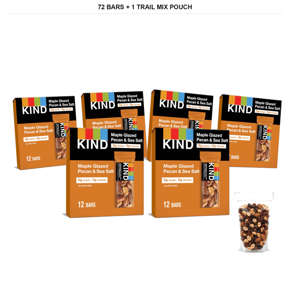 Kind Nut Bars, Maple Glazed Pecan & Sea Salt, 6 Boxes, 72 Bars Total with 1 Bybies Trail Mix Pouch, 2 oz