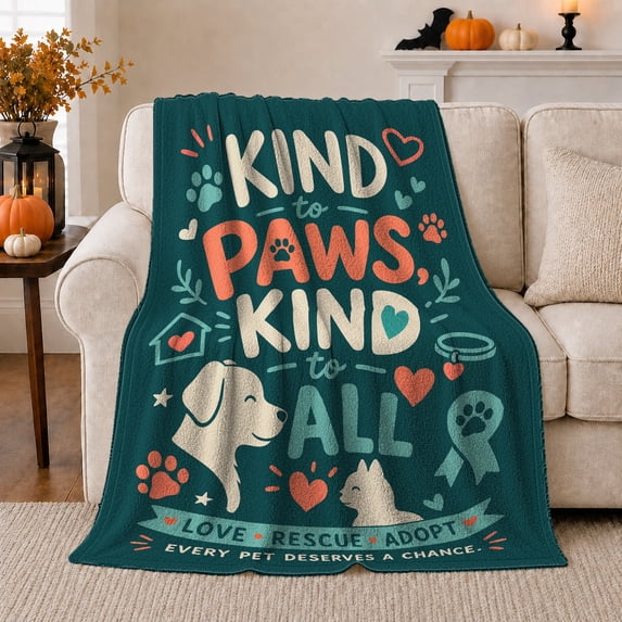 Kind to Paws Rescue Quote in Playful Pet Illustration Style for Pet Rescue Supporters, Dog Cat Heart Scene, Cozy Flannel Blanket for Bedroom and Living Room, Pet Adoption Gift, Pet Home Decor