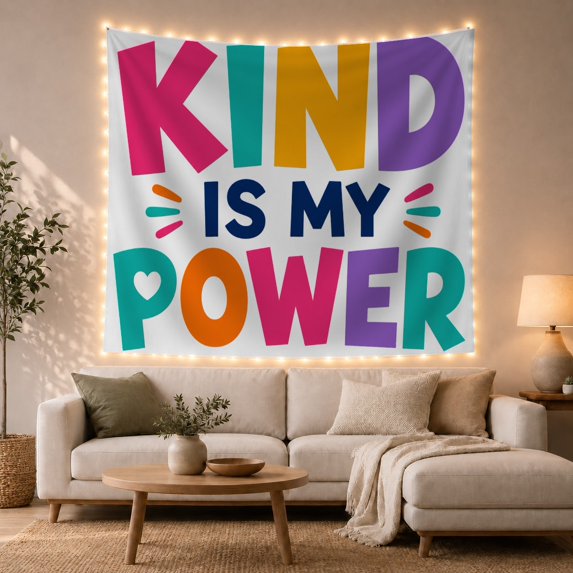 Kind Is My Power Message on Color Letters, Inspirational Retro Style for Rainbow Decor Lovers, Positive Wall Decor, Friendship Gift, Tapestry Wall Hanging for Classroom and Dorm