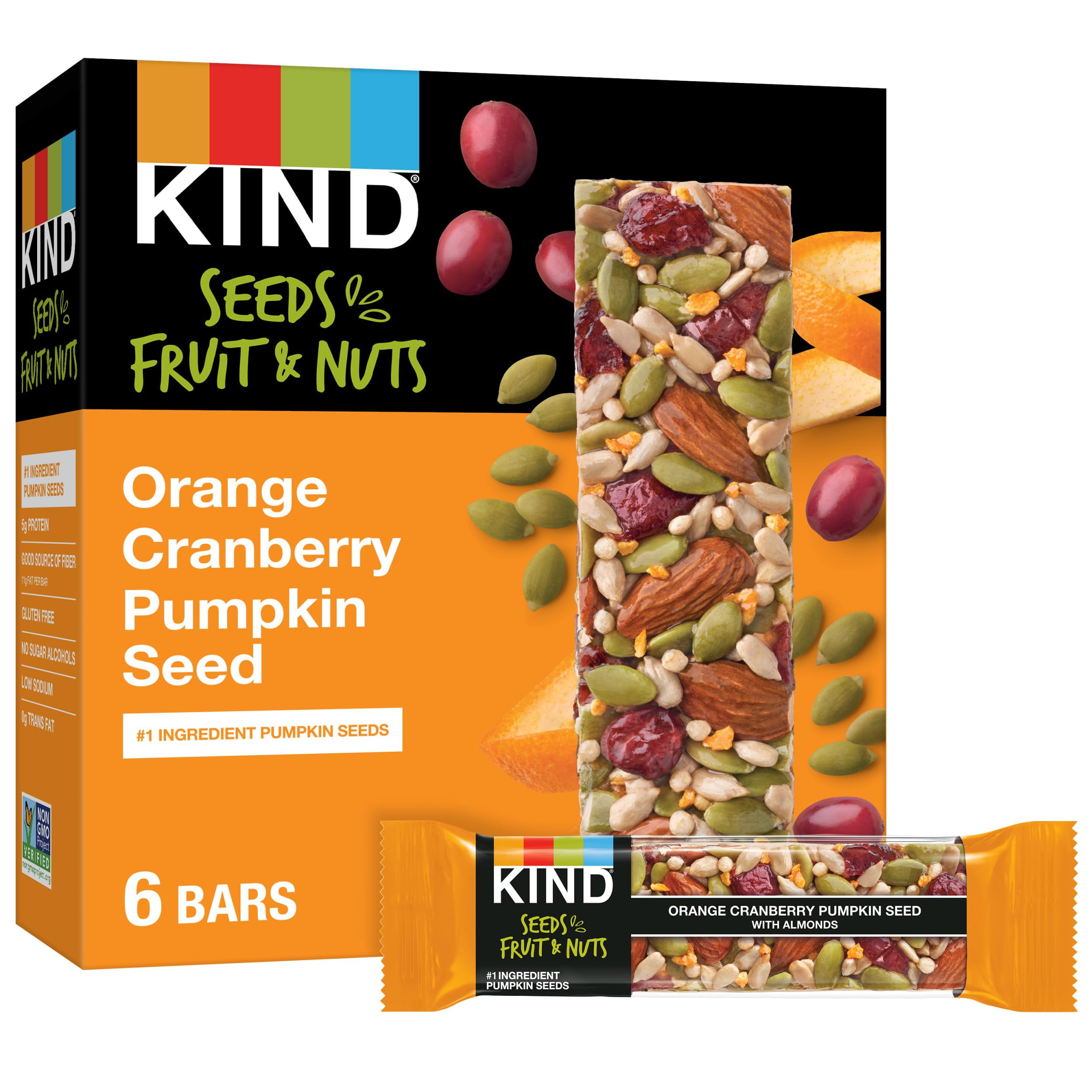 KIND Seeds Fruit & Nuts Snack Bar, Orange Cranberry | 5g Protein, High Fiber, Gluten Free Bars, 1.4 OZ, 6 Count