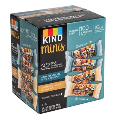 Kind Minis, Dark Chocolate Nuts Sea Salt/Caramel Almond Nuts Sea Salt, 0.7 Oz Bar, 32 Bars/Box
