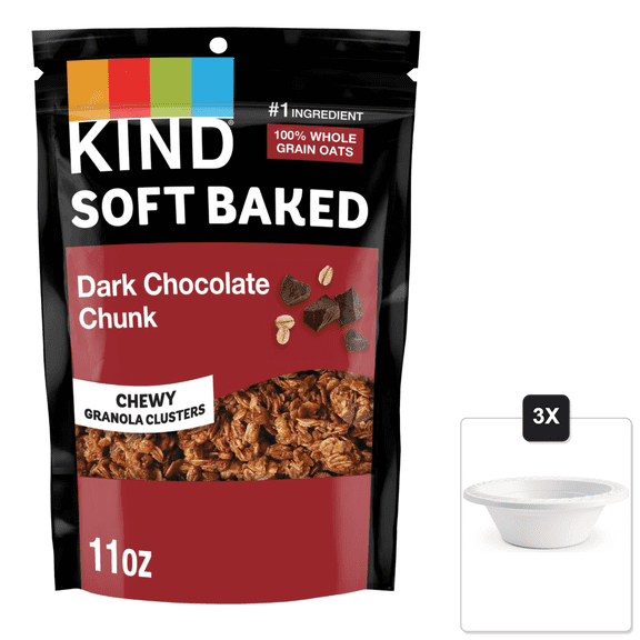 Kind Soft Baked Granola, Dark Chocolate Chunk, 11 oz, 1 Count & 3x 12oz Disposable Plastic Bowl