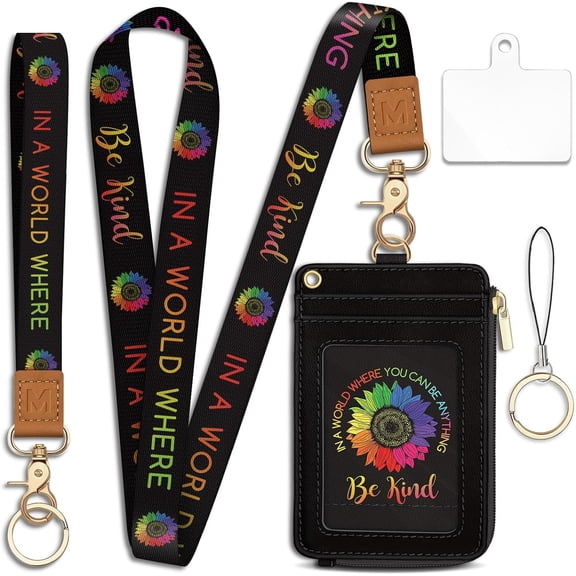Be Kind Sunflower Lanyard Wallet with ID Badge Holder, Small RFID Wallet Women Keychain Wristlet,Slim Credit Card Holder Case with Zipper Pocket Phone Lanyard Wrist Strap Name Tag Office Teacher Gift