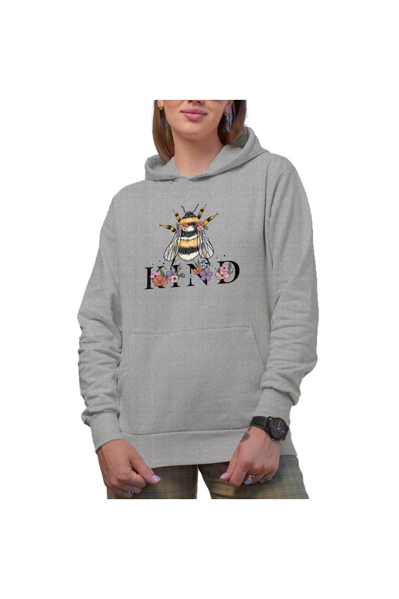Kind with a Bee & Flowers Pun Art Merch Gift, Heather Grey Hooded Sweatshirt or Hoodie, Medium