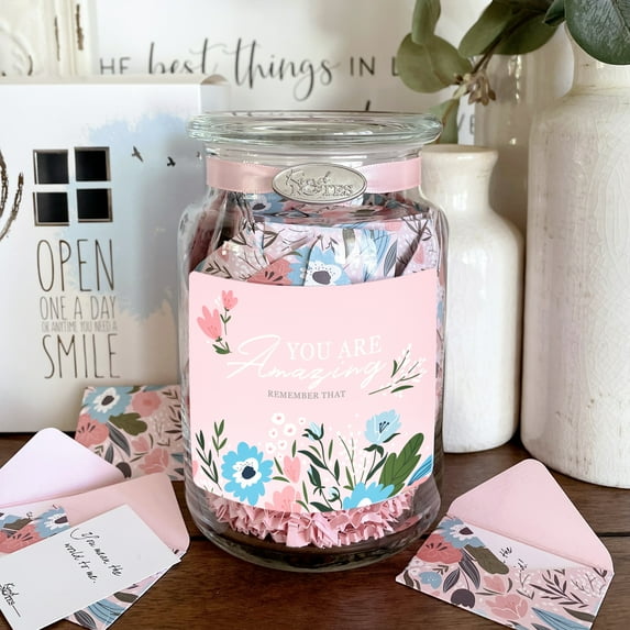 KindNotes Glass Keepsake Gift Jar with FRIENDSHIP AND INSPIRATIONAL Messages - Pink Floral You are Amazing