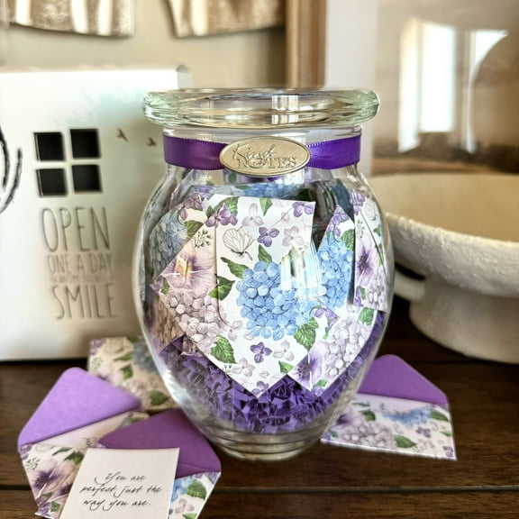 KindNotes Glass Keepsake Gift Jar with INSPIRATIONAL Messages - Purple Hydrangeas