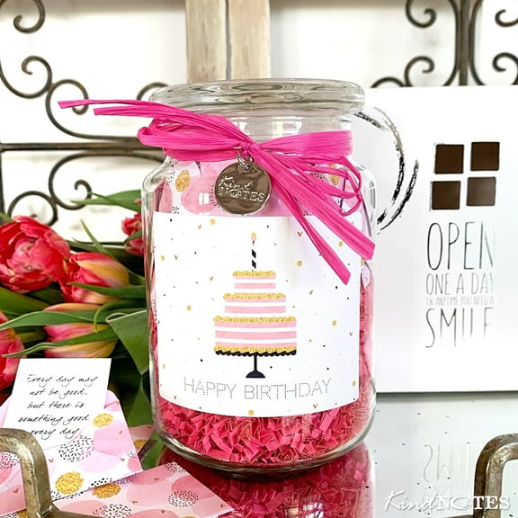 KindNotes Glass Keepsake Gift Jar with POSITIVE THOUGHTS - Birthday Cake Design
