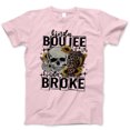 thumbnail image 1 of Kinda Boujee Kinda Broke Graphic T-Shirt - Funny Skull and Tumbler Tee for Women, Trendy Casual Apparel, Sunflower Leopard Print Design, Humorous Gift, 1 of 7