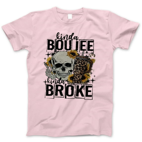 Kinda Boujee Kinda Broke Graphic T-Shirt - Funny Skull and Tumbler Tee for Women, Trendy Casual Apparel, Sunflower Leopard Print Design, Humorous Gift