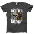 thumbnail image 1 of Kinda Boujee Kinda Broke Graphic T-Shirt - Funny Skull and Tumbler Tee for Women, Trendy Casual Apparel, Sunflower Leopard Print Design, Humorous Gift, 1 of 7