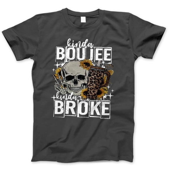 Kinda Boujee Kinda Broke Graphic T-Shirt - Funny Skull and Tumbler Tee for Women, Trendy Casual Apparel, Sunflower Leopard Print Design, Humorous Gift