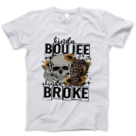 Kinda Boujee Kinda Broke Graphic T-Shirt - Funny Skull and Tumbler Tee for Women, Trendy Casual Apparel, Sunflower Leopard Print Design, Humorous Gift