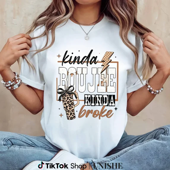 Kinda Boujee Kinda Broke Women Graphic Tee Leopard Print Western Cowgirl Casual Short Sleeve T-Shirt