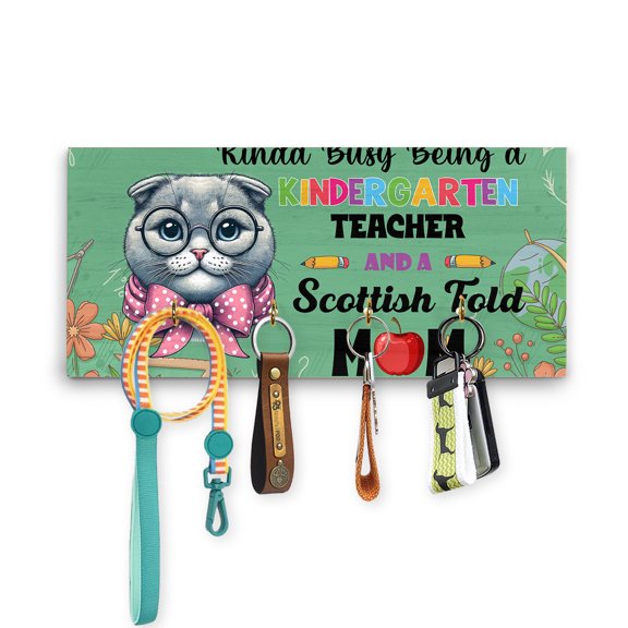Kinda Busy Being Kindergarten Teacher and Scottish Fold Mom Wood Key Holder Cat Lover Kitten Owner Gifts Wall-mounted Key Rack Home Decor - 02005