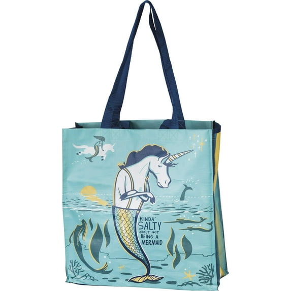Kinda' Salty About Not Being A Mermaid Large Market Tote Bag in Mermaid Unicorn Design | 15.50" x 15.25" x 6"