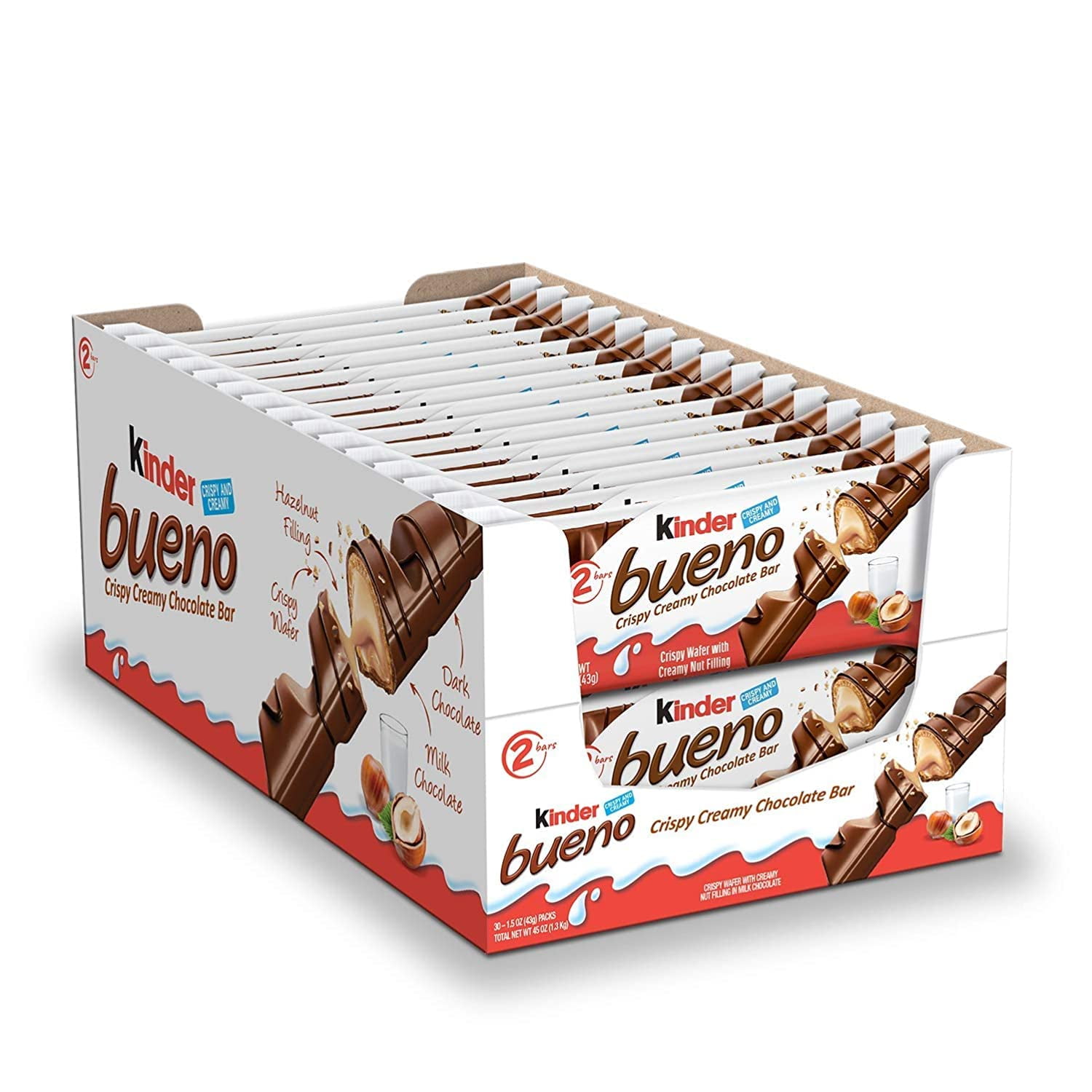 Kinder Bueno, 30 Two CM31&nbsp;Count Packs, Milk Chocolate and Hazelnut Cream, Valentine's Day Gift, Individually Wrapped Chocolate Bars, 45 oz