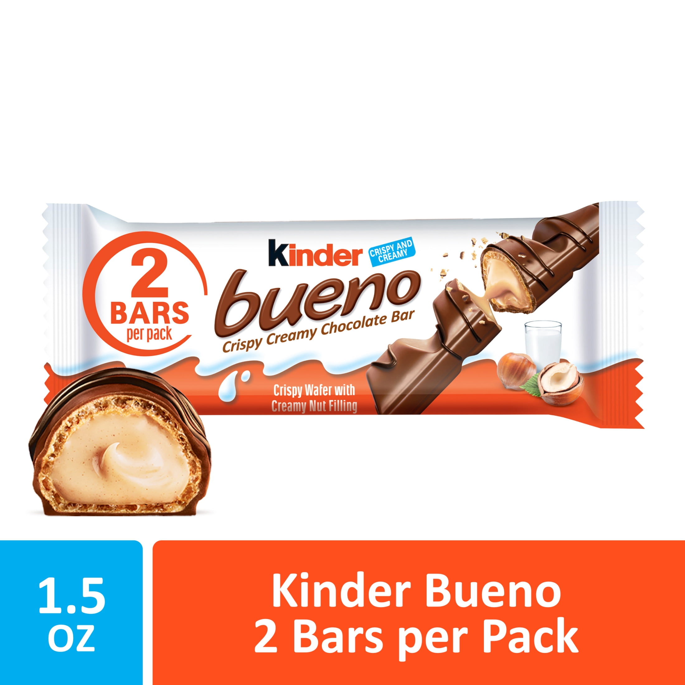 Kinder Bueno Milk Chocolate Bars with Crispy Wafer and Hazelnut Cream, 30 Count, 2 Bars per Pack, 1.5 oz Each