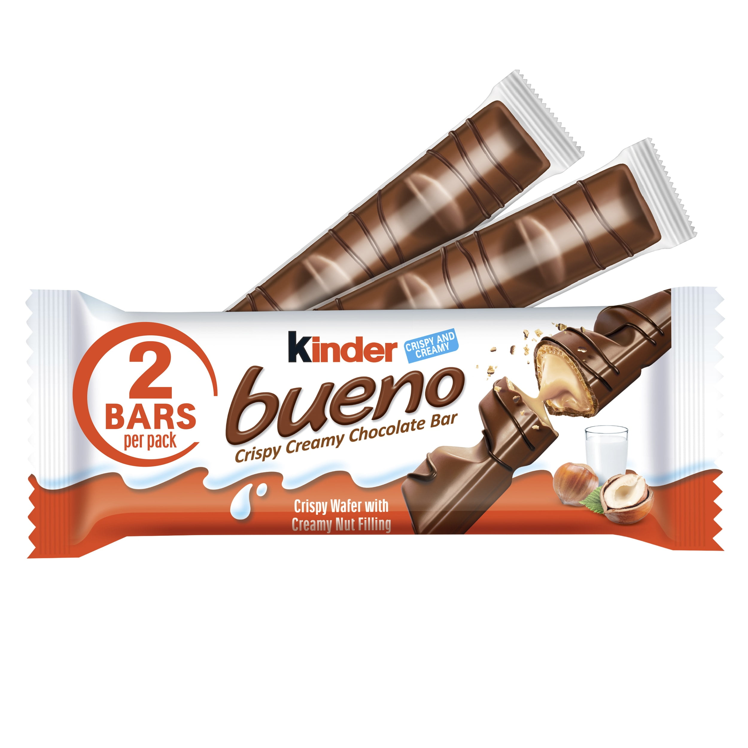 Kinder Bueno, Milk Chocolate and Hazelnut Cream Bars, Valentine's Day Gift,  2 Bars, 1.5 oz