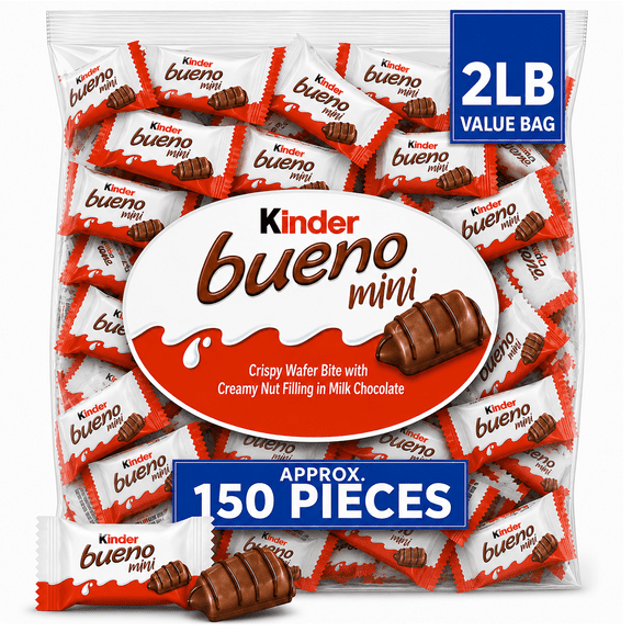 Kinder Bueno Minis | Crispy Wafer with Creamy Hazelnut Filling in Milk Chocolate | Approx. 150 Pieces Individually Wrapped | Bulk Chocolate Miniatures Candy Bars (2 Pounds)