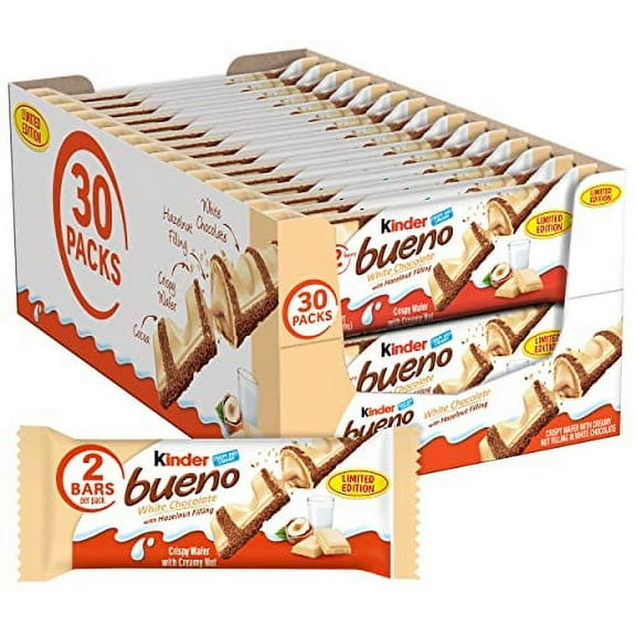 Kinder Bueno White Chocolate and Hazelnut Cream Candy Bar, 2 Individually Wrapped 1.4 oz each, 30 Pack - Limited Edition