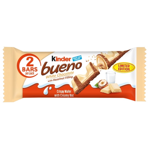 Kinder Bueno White Chocolate Bar with Crispy Wafer and Hazelnut Filling, 2 Individually Wrapped Bars per Pack - 1.4 oz