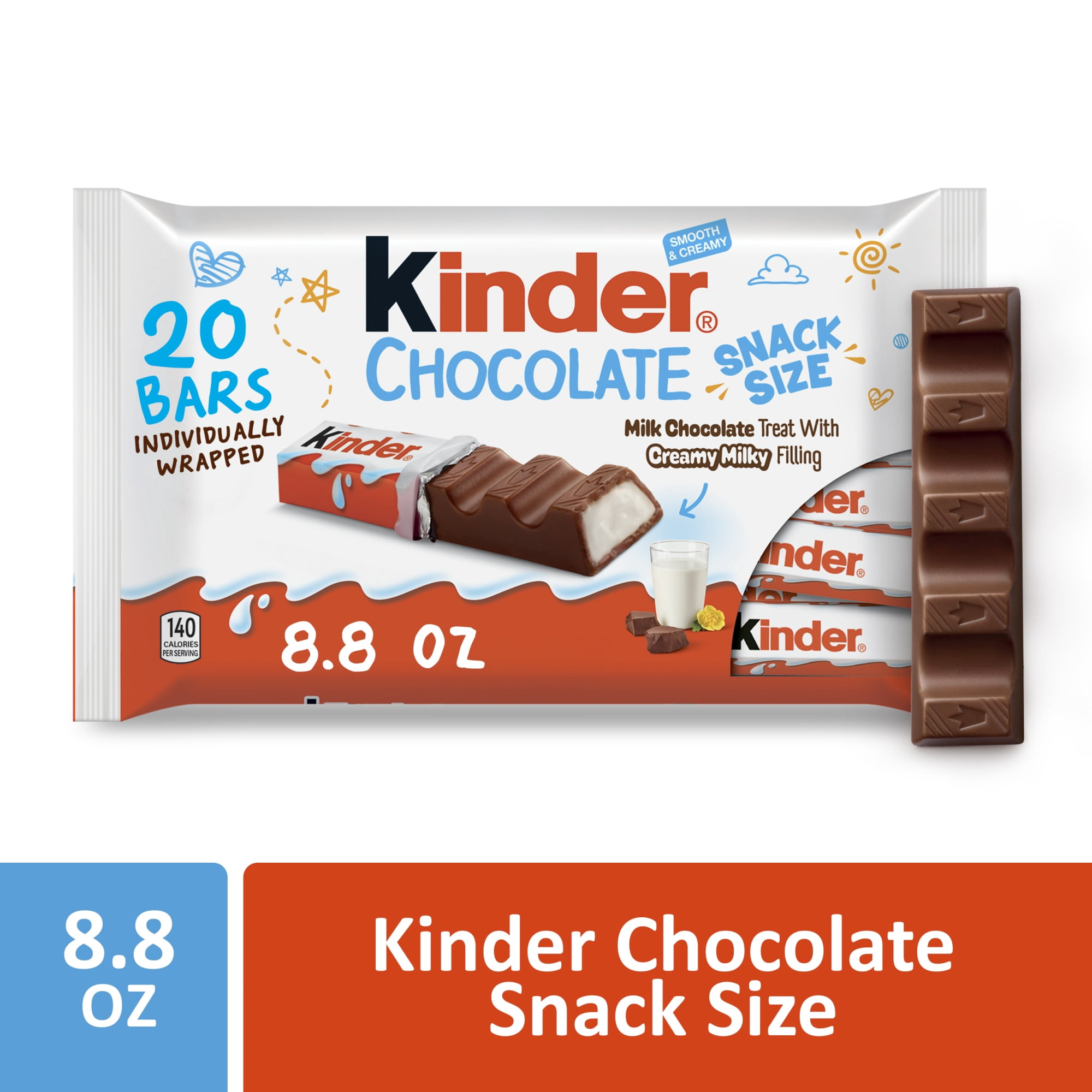 Kinder Chocolate, 20 Bars, Milk Chocolate Bar with Creamy Milky Filling, Individually Wrapped Candy, 8.8 oz Bag
