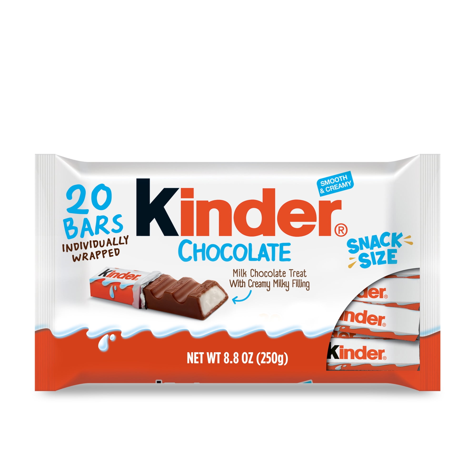 Kinder Chocolate, 20 Bars, Milk Chocolate Bar with Creamy Milky Filling, Individually Wrapped Candy, 8.8 oz Bag