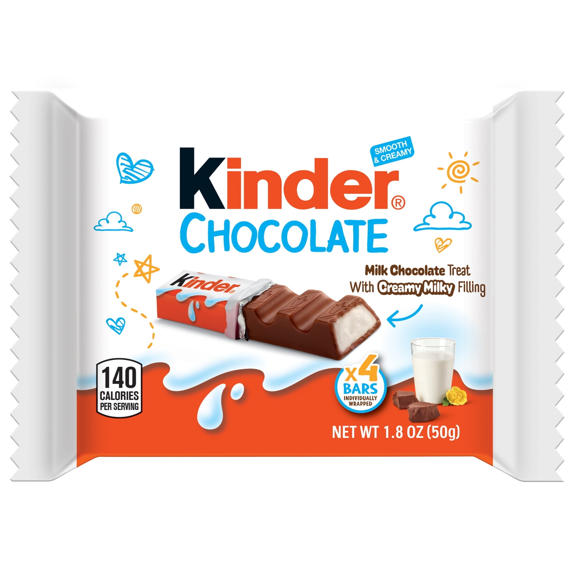 Kinder Chocolate, 4 Bars, Milk Chocolate Bar with Creamy Milky Filling, Individually Wrapped Candy, 1.8 oz Total(2pack)