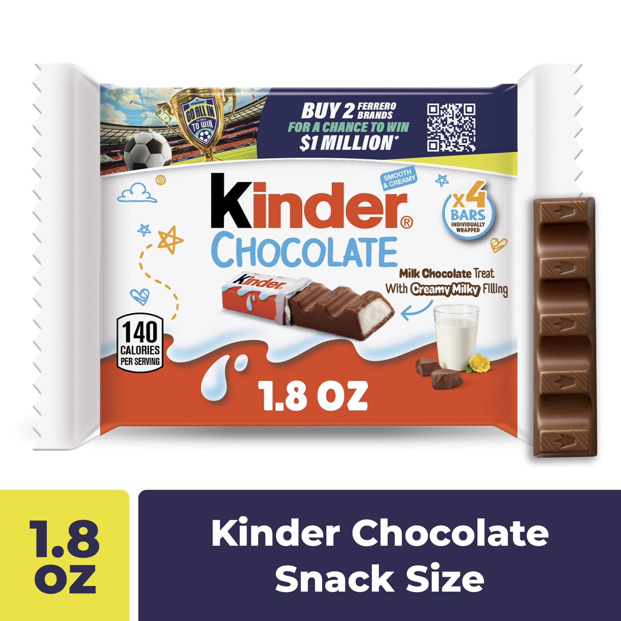 Kinder Chocolate Milk Chocolate Bars with Creamy Milky Filling, 4 Individually Wrapped Bars per Pack, 1.8 oz