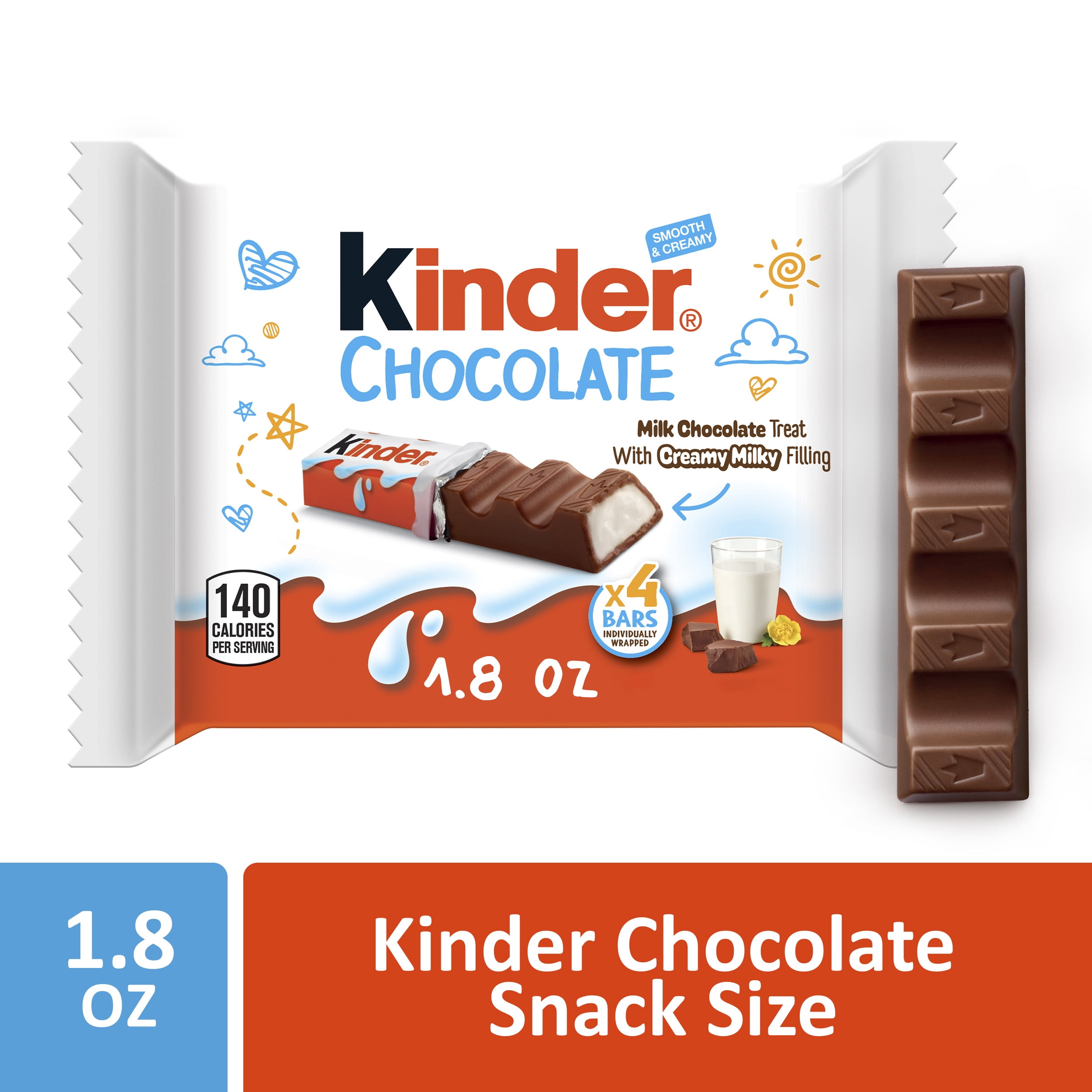 Kinder Chocolate Milk Chocolate Bars with Creamy Milky Filling, 4 Individually Wrapped Bars per Pack, 1.8 oz