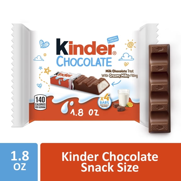 Kinder Chocolate Milk Chocolate Bars with Creamy Milky Filling, 4 Individually Wrapped Bars per Pack, 1.8 oz