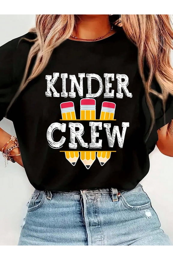Kinder Crew Fun Kindergarten Squad Teacher 1st Day Of School T-Shirt Print T-Shirt Casual Crew Neck Short Sleeve Comfort Tee Top For Spring & Summer Women's Clothing