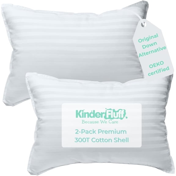 Kinder Fluff Toddler Pillow, Small Sateen Stripe Hypoallergenic, 300 Thread Count Cotton Shell, 2 Pack