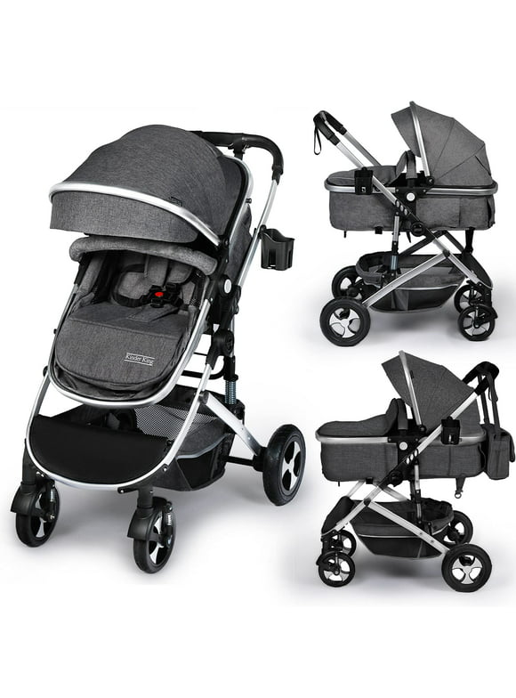 Kinder King 2 in 1 Convertible Baby Stroller, Folding Infant Newborn Reversible Bassinet Pram, Dark Grey