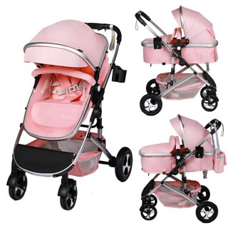 Luxury 3 in 1 Denim Pink Stitched Folding Reclining Baby Stroller Carriage  Set