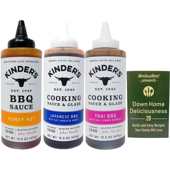 Kinder's BBQ Sauce 3 Flavor (1) Each: Honey Hot, Japanese, Thai + MerlinsMart Zine